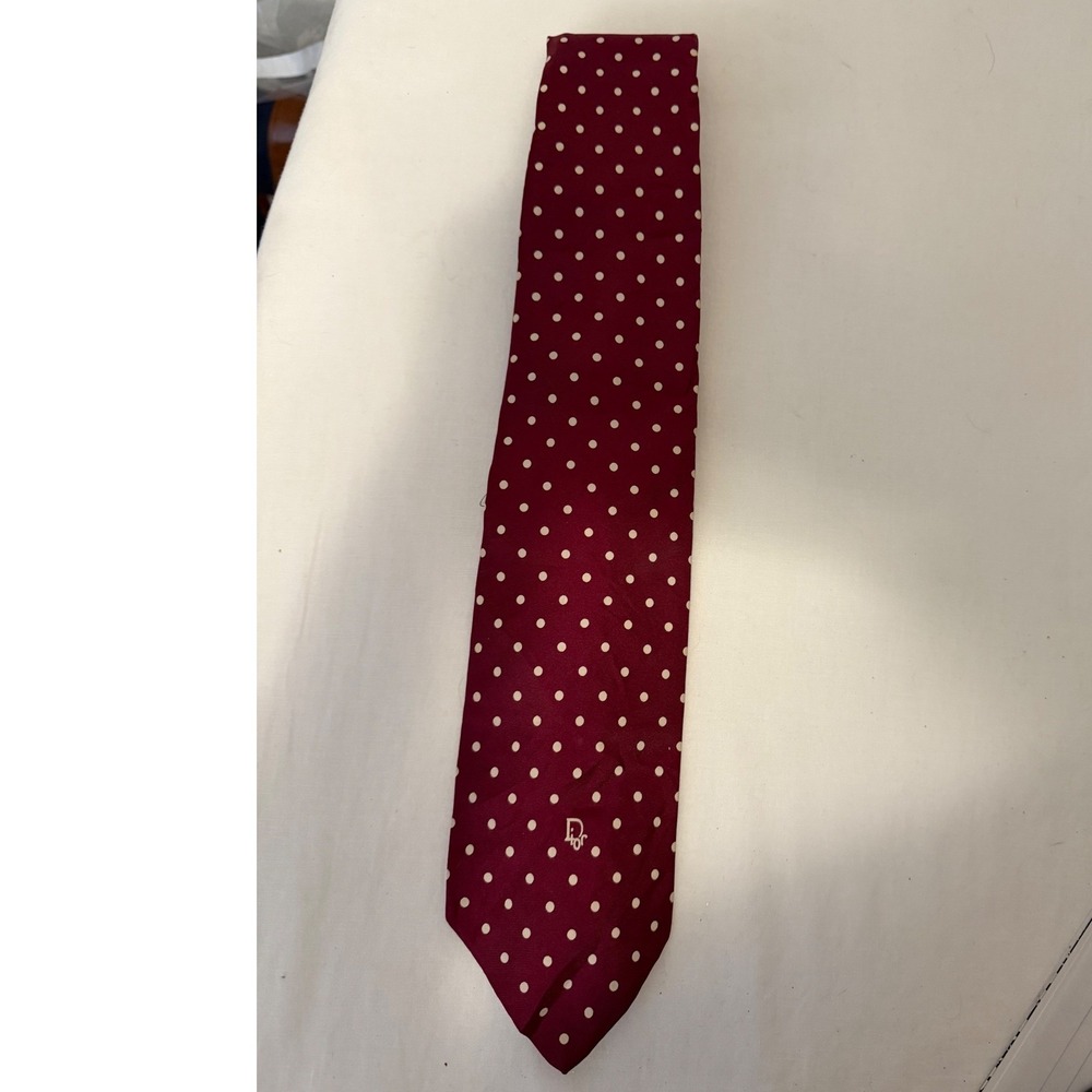Christian Dior Cravates Mens Silk Necktie Burgundy Red Polka Dot Vintage USA